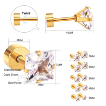 Load image into Gallery viewer, Unisex Gold Plated Hypoallergenic Square CZ Crystals Screw Back Stud Earring
