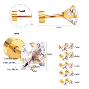 Unisex Gold Plated Hypoallergenic Square CZ Crystals Screw Back Stud Earring