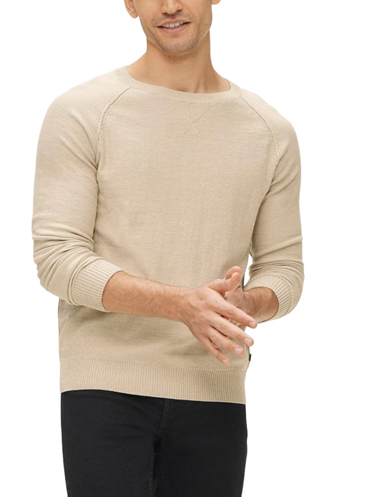 Mens Beige Crew Neck Deco Stitch Cotton Knit Big &Tall Jumper