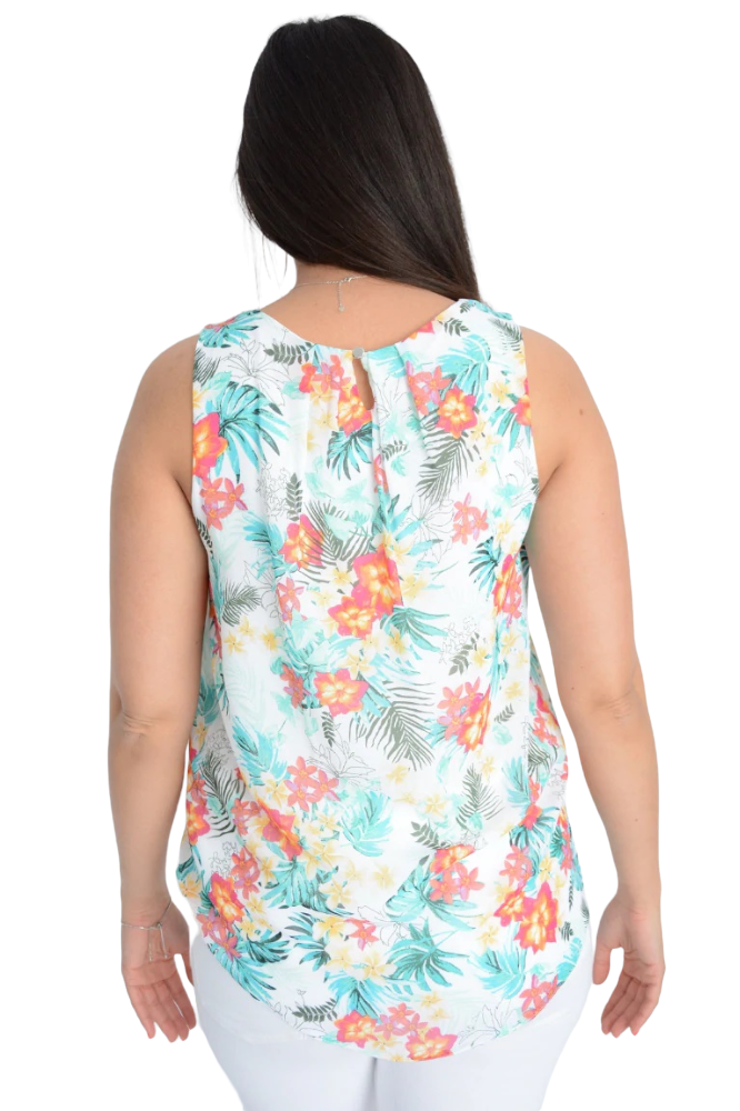 Ladies Ivory Floral Print Chiffon Overlay Fully Lined Sleeveless Top