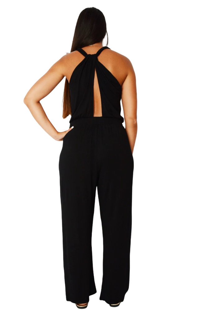 Ladies Black Round Neck Twist Cut Out Back Sleeveless Jumpsuit