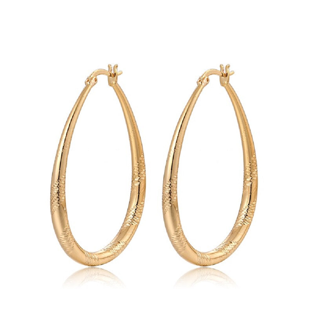 Big Shinning Gold Plated Oval Carved Cut Hoop Earrings