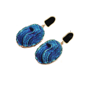 Ladies Blue Vintage Abstract Natural Round Stone Volcanic Rock Dangle Earrings