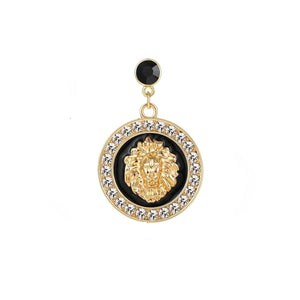 Round 18K Gold Plated Lion Head Rhinestone Dangle Stud Earrings