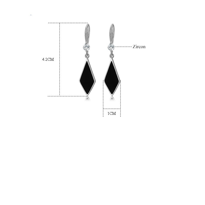 Ladies Sterling Silver Black Enamel Triangle Real Crystal Hook Dangle Earrings