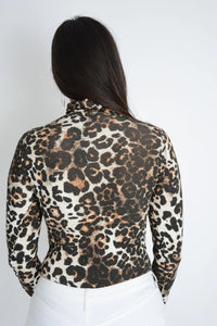 Brown Leopard Print Roll Neck Bodysuit Top