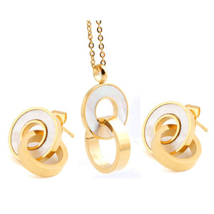 Ladies 18K Gold Plated Round Interlock Ring Stainless Shell Earring Pendant Set