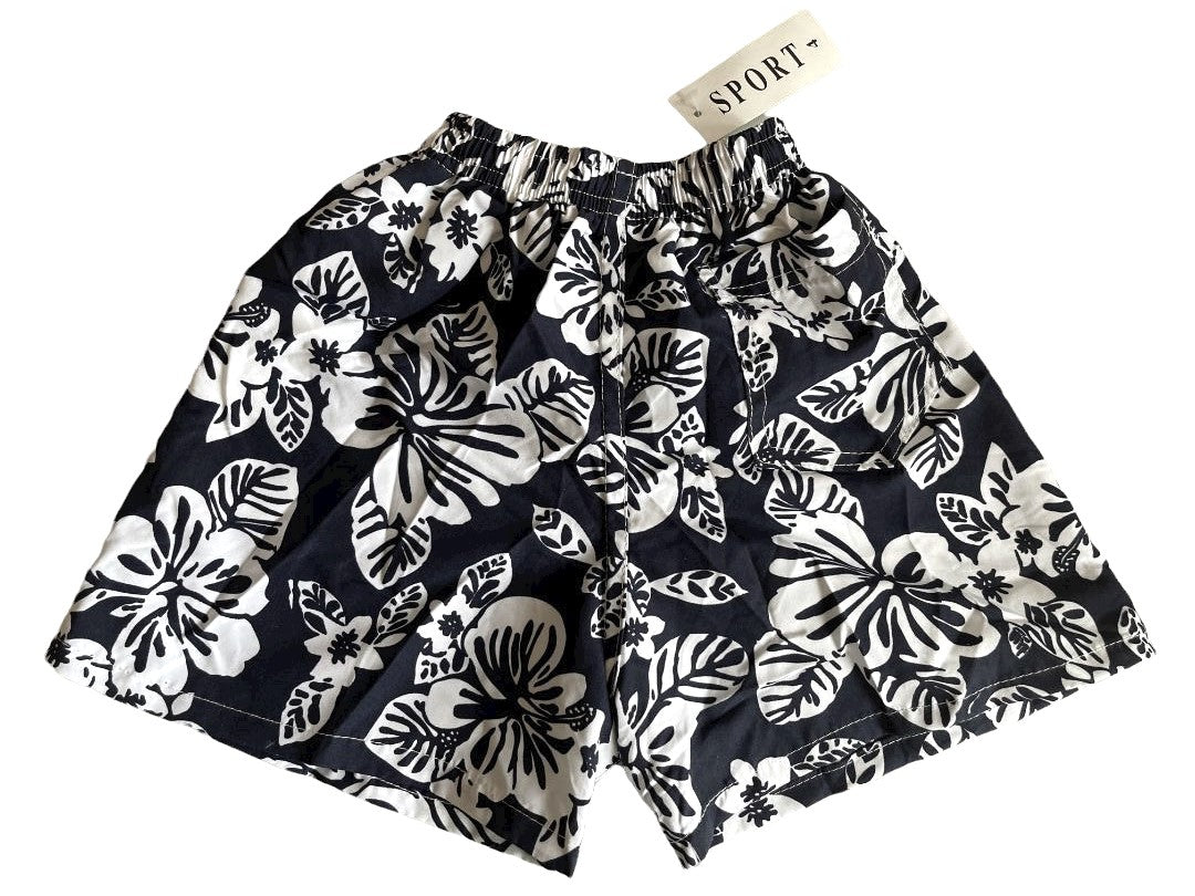 Boys Black & White Sports Large Floral Swimming Shorts