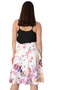 Ladies White Multi Floral Print Elasticated Waist Fit & Flare Skirt