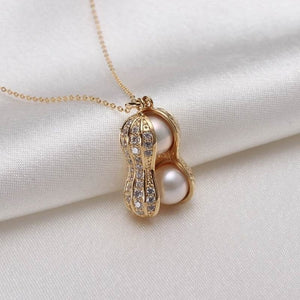 Unisex Gold Simulated Pearl Peanut With Crystals Link Necklace Set