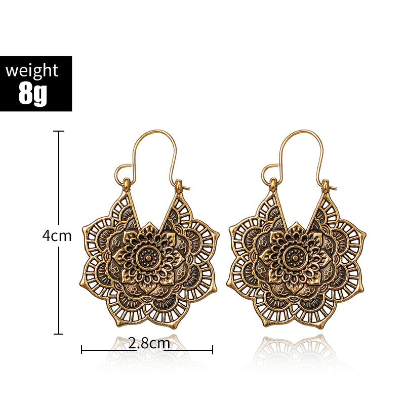 Ladies Gold Vintage Tribal Brass Mandala Bee Flower Cutout Hook Earrings