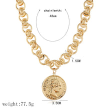 Load image into Gallery viewer, Unisex Gold Retro Round Head Coin Pendant InterLink Chain Necklace

