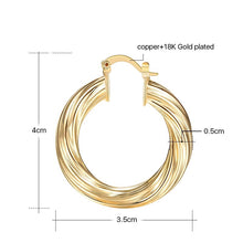 Load image into Gallery viewer, Ladies Twirl 18k Gold Plated Medium Round Thick Hoop Earrings
