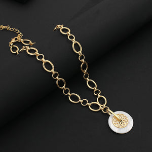 Ladies Gold Plated Round Shell Lotus Pendant Chunky Round Link Chain Necklace