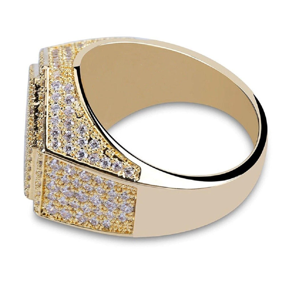 Mens Luxury 18K Gold Plated Hexagon Micropave CZ Ring