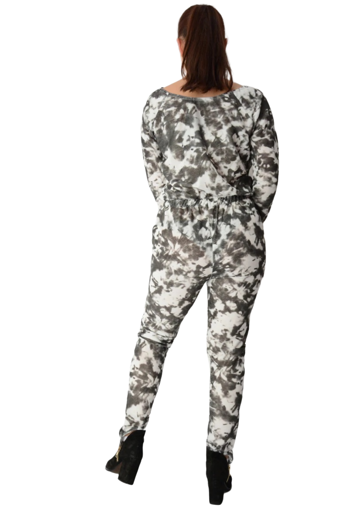 Ladies Black Tie Dye Sweat Stirrup Elasticated Waist Jumpsuit