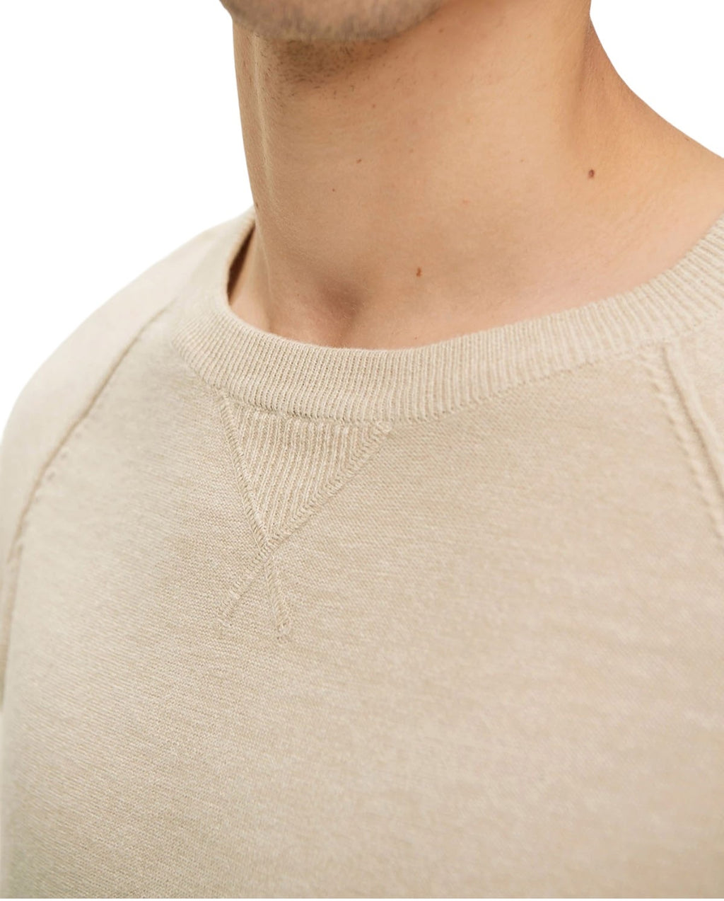 Mens Beige Crew Neck Deco Stitch Cotton Knit Big &Tall Jumper