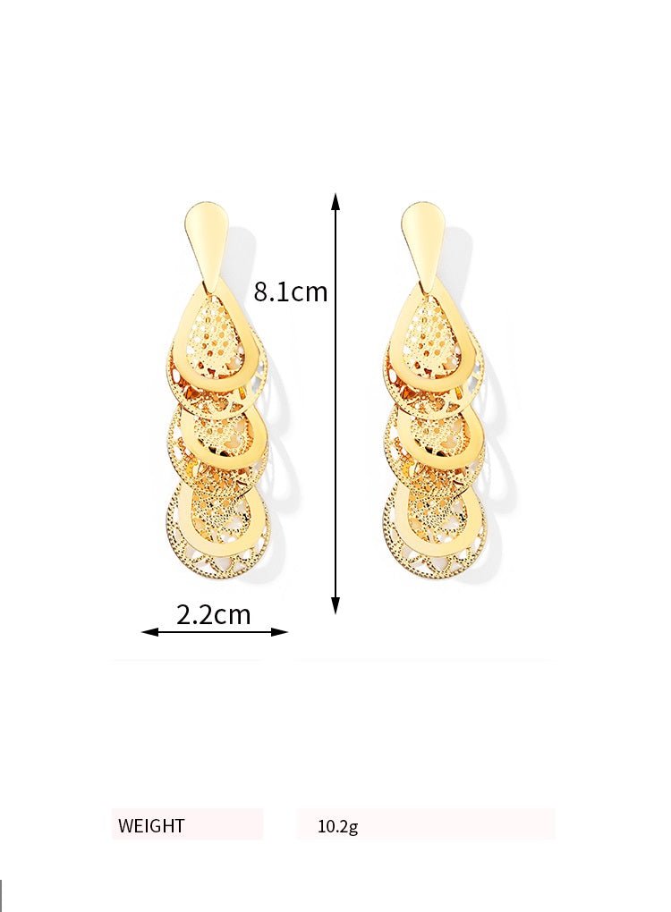 Ladies Gold Hollow Cut Out Tier Layered Geer Wheel Drop Earrings