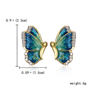 Ladies Green Blue Enamel Butterfly Wings White Crystal Trim Stud Earrings