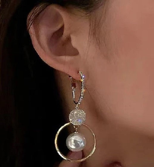 Ladies Oversized White Pearl Drop Circle Round Zircon Crystal Dangling Earrings
