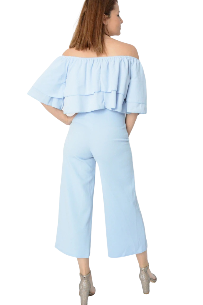 Ladies Blue Bandeau Short Sleeve Top & Cropped Trouser Set