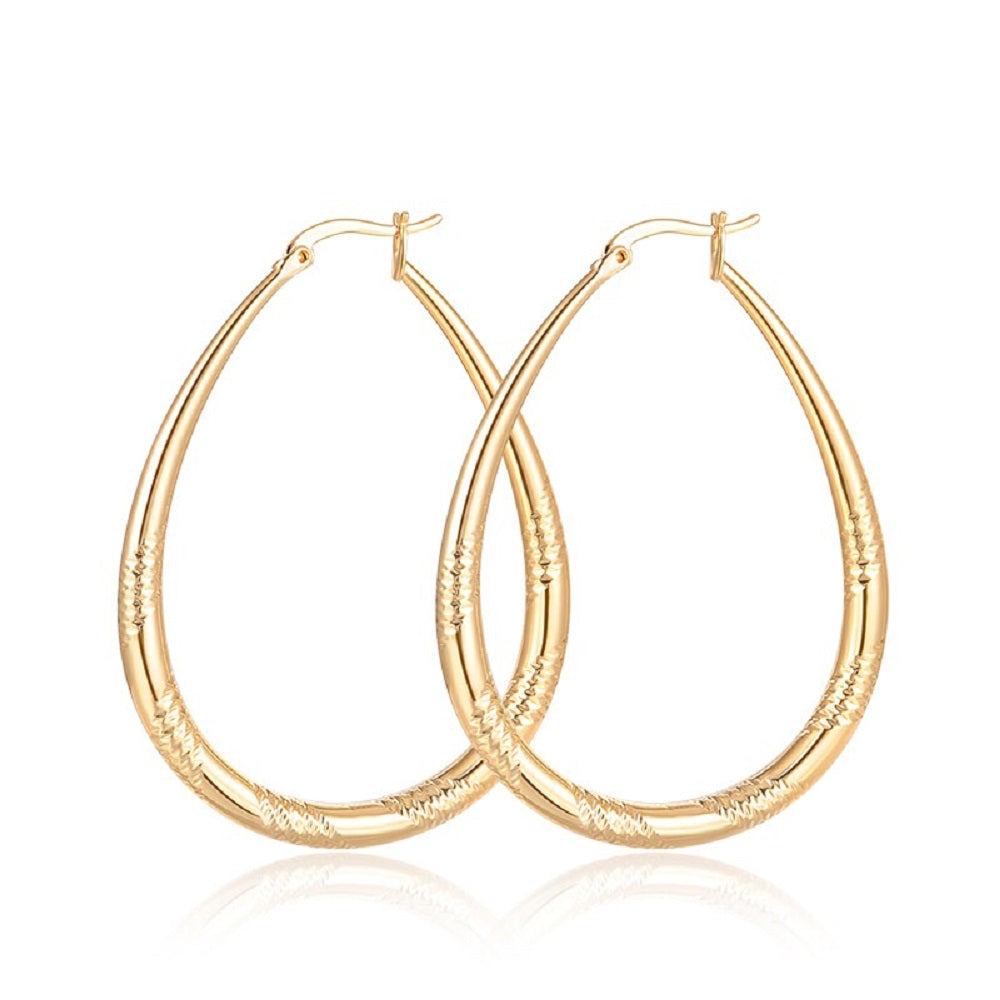 Big Shinning Gold Plated Oval Carved Cut Hoop Earrings