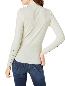 Cream High Neck Wide Ribbed Fitted Buttoned Long Sleeve Jumper
