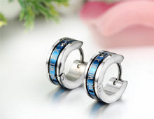 Load image into Gallery viewer, Unisex Silver &amp; Blue Trim Crystal Roman Numeral Steel Anti-Allergic Hoop Earring
