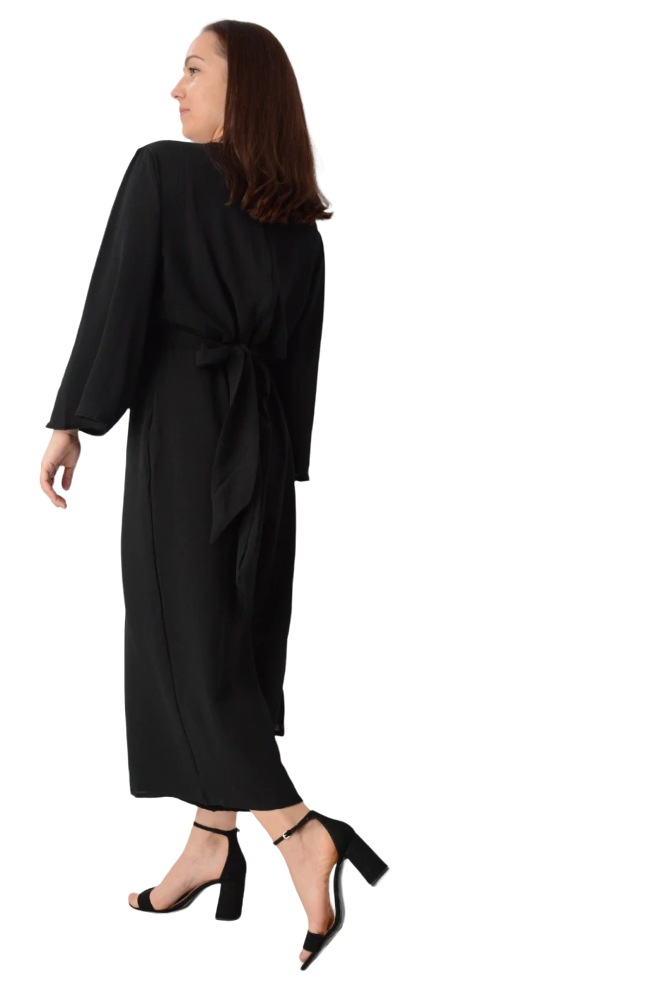 Black Crepe V Neck Front Waist Attached Belt Tie Jumpsuits