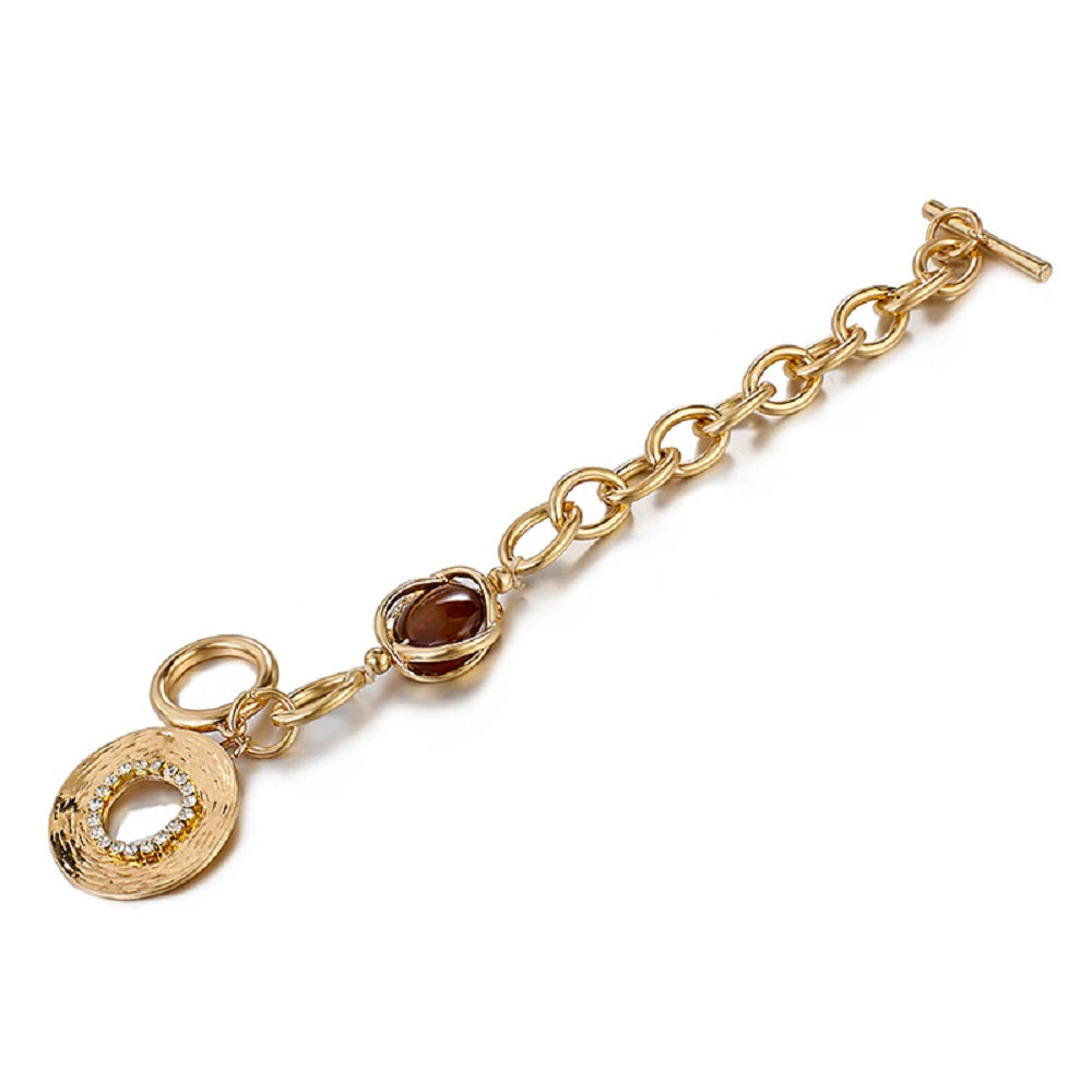 Gold Smoky Gemstone Chunky Round Link Toggle Clasp Bracelet