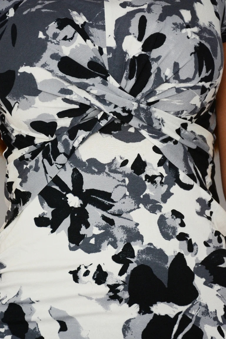 Ladies Grey & White Floral Twist Front Midi Pencil Dress