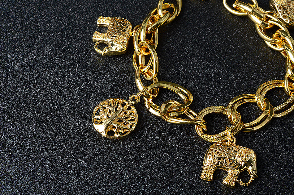 Ladies Gold Chunky Round Link Elephant & Tree of Life Charms Handchain Bracelets