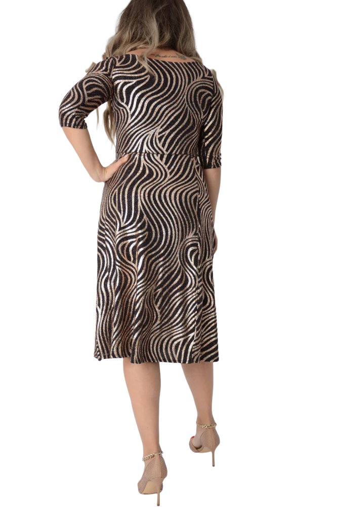 Ladies Bronze Shimmer Fit & Flared Midi 3/4 Sleeve Dress
