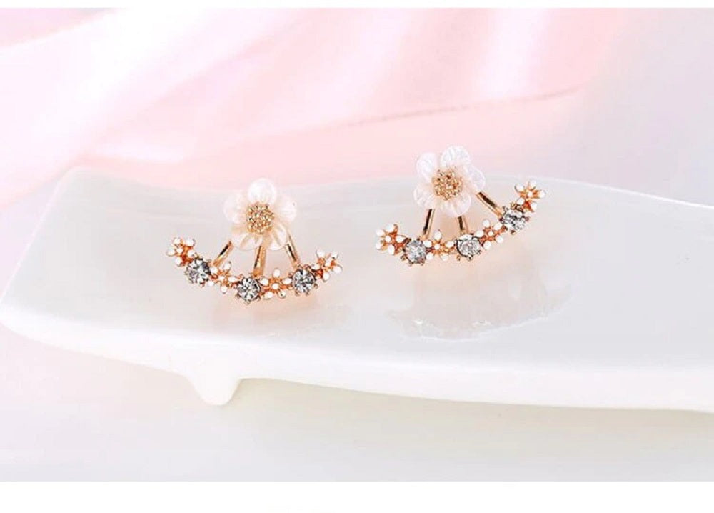 Ladies Double Sided Branch Flower Crystals Stud Earrings