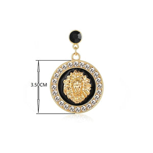 Round 18K Gold Plated Lion Head Rhinestone Dangle Stud Earrings