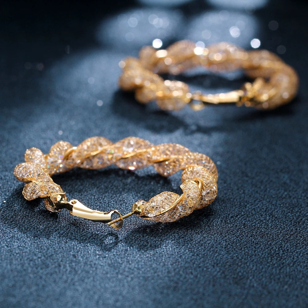 Ladies Gold Round Chunky Twist Crystal Sparkly Hoop Earrings