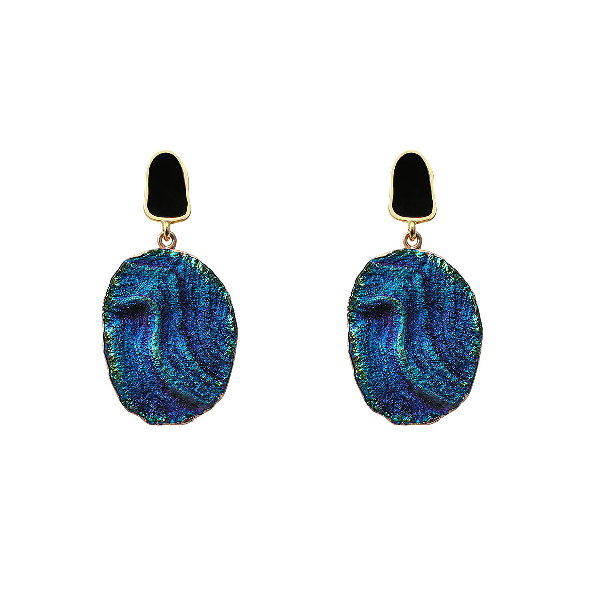 Ladies Blue Vintage Abstract Natural Round Stone Volcanic Rock Dangle Earrings