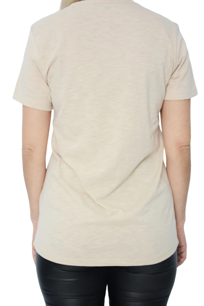 Ladies Beige Front V-Neck Slit Cotton Short Sleeve T-Shirt