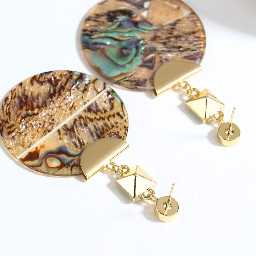 Ladies Bold Round Abalone Shell Drop Earrings