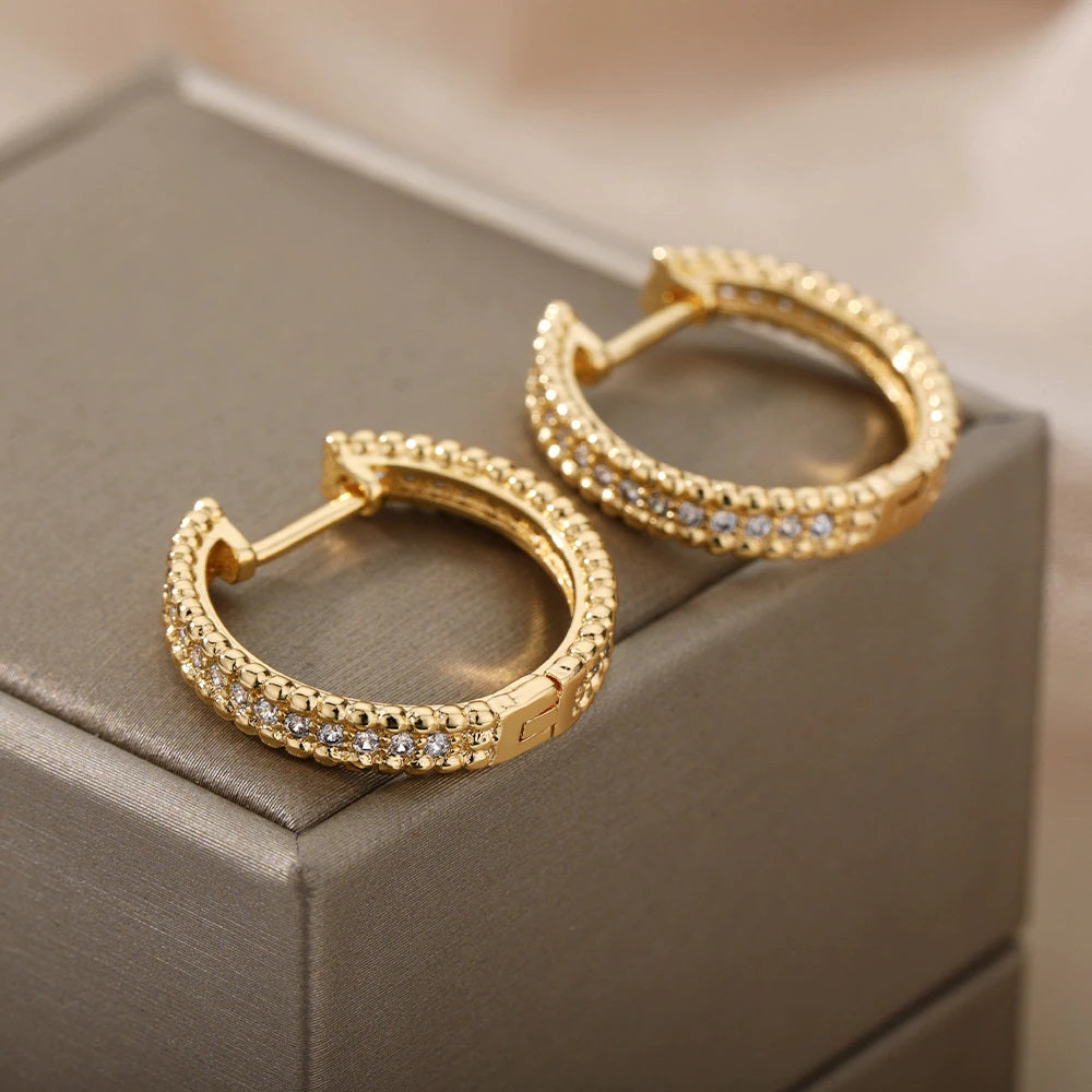 Gold Round Medium Beaded Trim Middle Zircon Creole Hoop Womens Earrings
