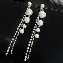 Load image into Gallery viewer, Ladies Vintage Gold Simulated Pearl Tassel Long Dangling Earrings
