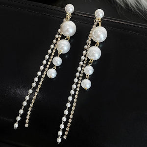 Ladies Vintage Gold Simulated Pearl Tassel Long Dangling Earrings