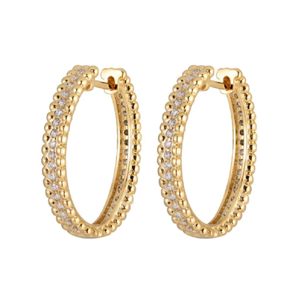 Elegant Gold Oval Beaded Trim Middle Zircon Creole Hoop Earrings