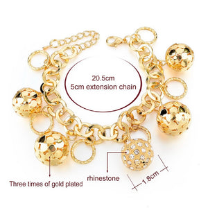 Ladies Gold Chunky Round Link Chain with Hollow Ball Cutout Crystal Bracelets
