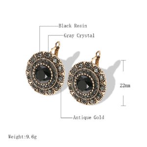 Ladies Vintage Grey Round Antique Gold Black Gemstone Earrings