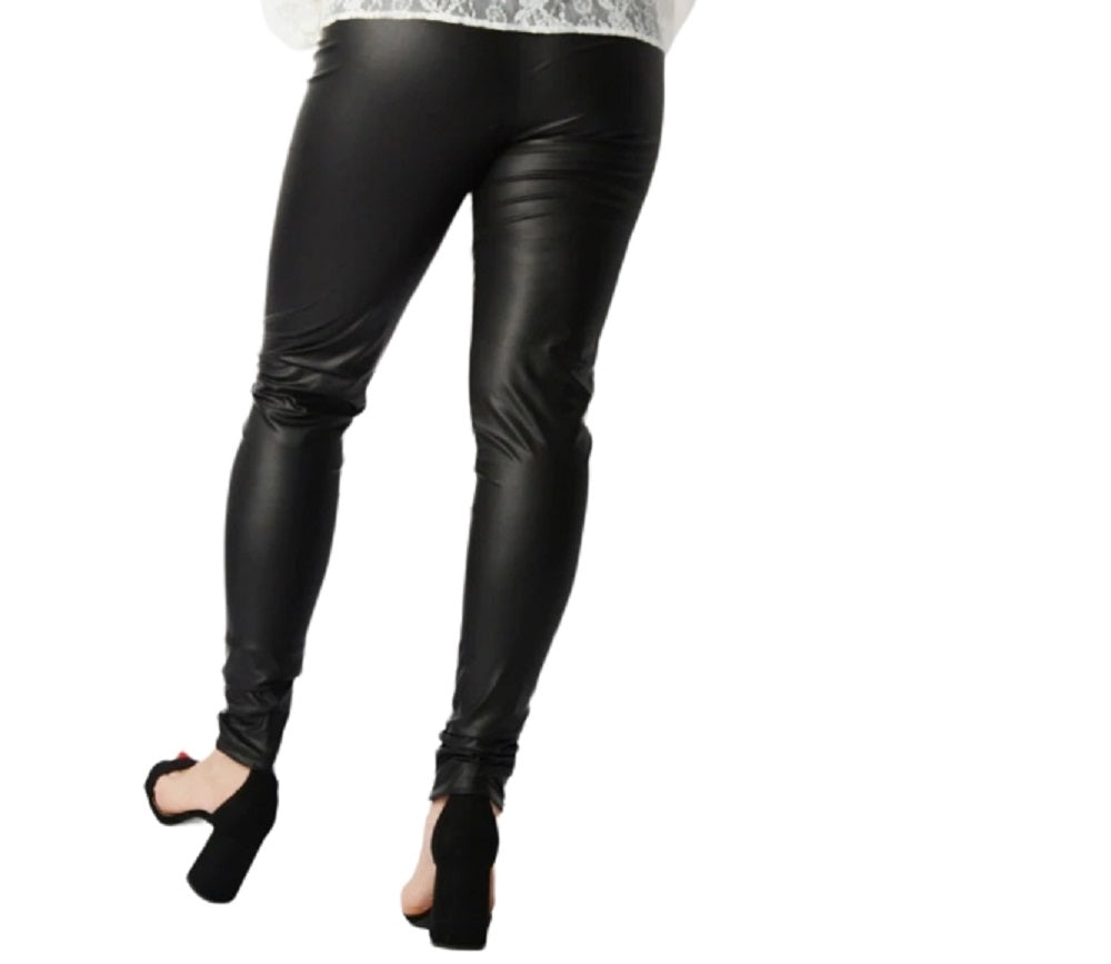 Ladies Black Tall Mid Waist Matte Faux Leather Stretchy Leggings