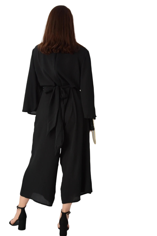 Black Crepe V Neck Front Waist Attached Belt Tie Jumpsuits