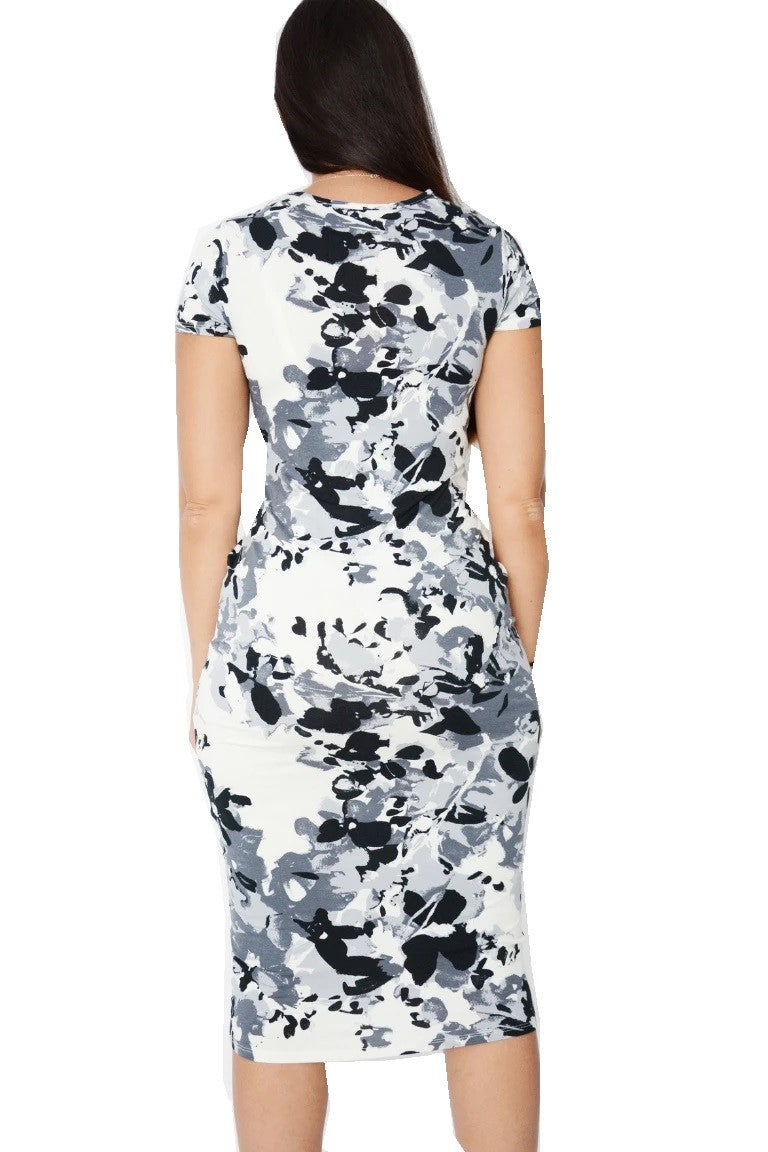 Ladies Grey & White Floral Twist Front Midi Pencil Dress