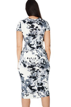 Load image into Gallery viewer, Ladies Grey &amp; White Floral Twist Front Midi Pencil Dress
