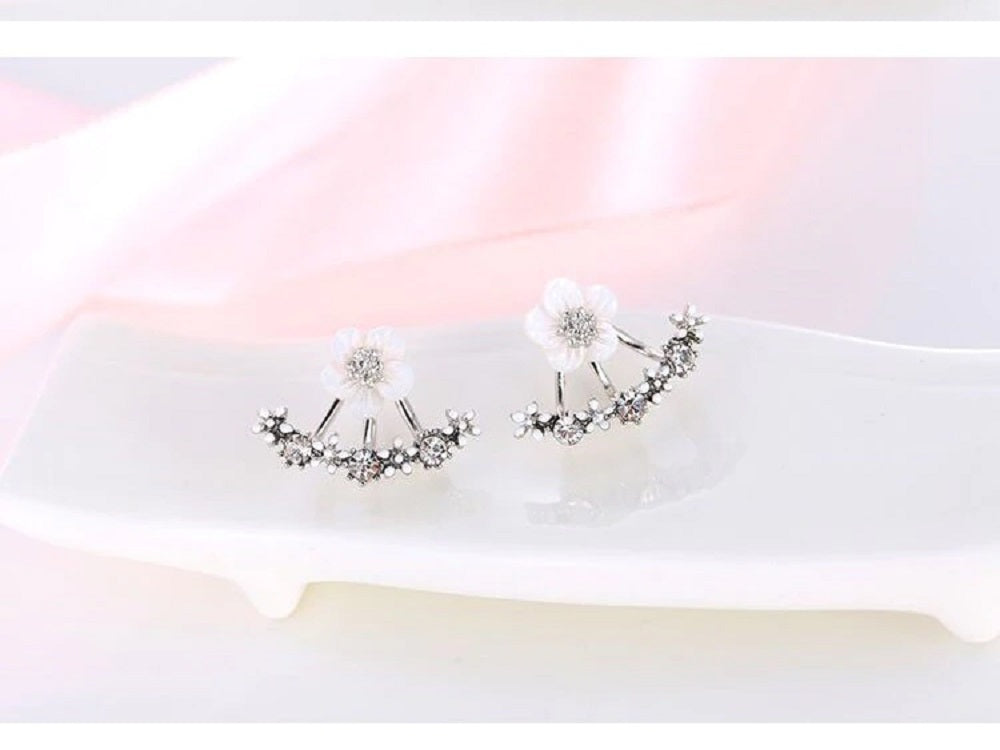 Ladies Double Sided Branch Flower Crystals Stud Earrings